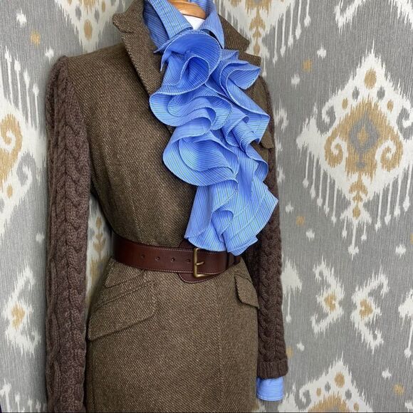 Ralph Lauren Triple Ruffle Blue Pin Stripe Cotton Stretch Jabot Blouse - Picture 3 of 16